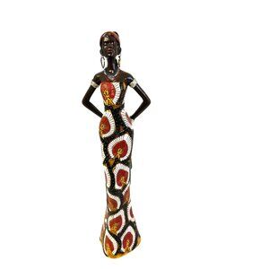 Handcrafted African Woman Figurine Wearing Traditional Print Dress 15" x 3 1/8"